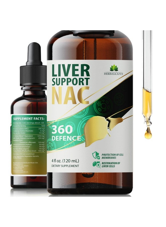 HERBALICIOUS Liver Support NAC 360 Defense - Liquid Liver Health with NAC, Milk Thistle, Dandelion, Chicory, Turmeric, Chanca Piedra, Beet Root & Zinc - Supports Liver Detox, Cleanse & Cellular Health - 4 Fl Oz - Image 1