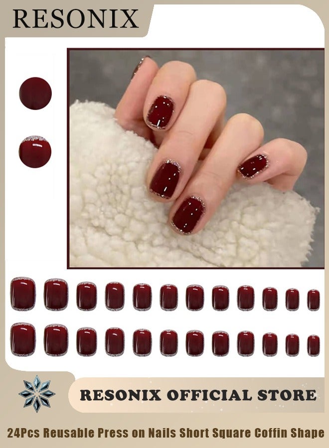 RESONIX 24Pcs Reusable Press on Nails Short Square Coffin Shape, Full Cover Fake Nails with Designs, Easy Application Nail Kits with Adhesive Tabs for Women, Salon DIY & Daily Wear-RED - Image 1