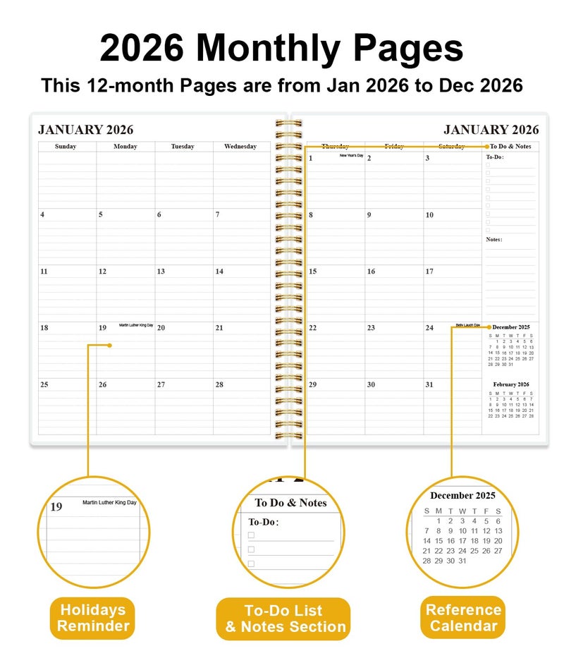 Tuun Fuplan Monthly Planner 2026 - Monthly Calendar from January 2026 to December 2026, 2026 Planner with Inner Pocket, Elastic Band, 8.5" x 11", White Gold Flower - Image 3
