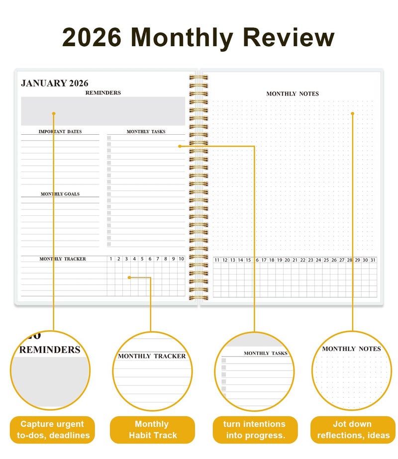 Tuun Fuplan Monthly Planner 2026 - Monthly Calendar from January 2026 to December 2026, 2026 Planner with Inner Pocket, Elastic Band, 8.5" x 11", White Gold Flower - Image 4