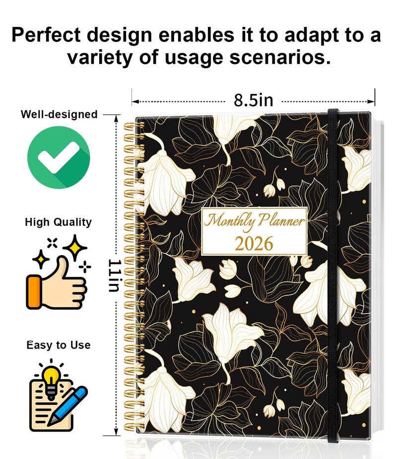 Tuun Fuplan Monthly Planner 2026 - Monthly Calendar from January 2026 to December 2026, 2026 Planner with Inner Pocket, Elastic Band, 8.5" x 11", White Gold Flower - Image 2