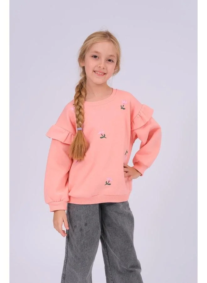 Perendi Girl's Ruffle-Detail Floral Embroidered Oversized Sweatshirt - Yavruağzı.