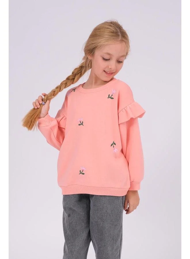 Perendi Girl's Ruffle-Detail Floral Embroidered Oversized Sweatshirt - Yavruağzı.