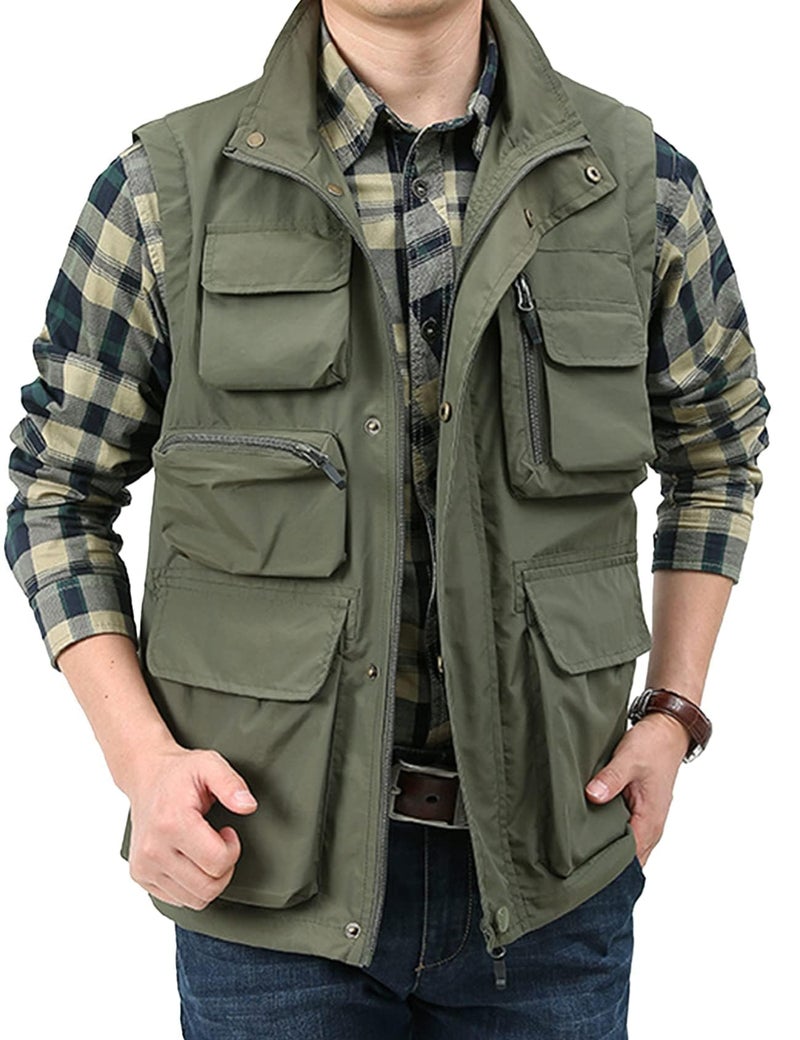 Yimoon Men’s Utility Fishing Vest Summer Lightweight Safari Travel Cargo Vest Outdoor Work Vests Multi Pockets(ArmyGreen-L) - Image 4