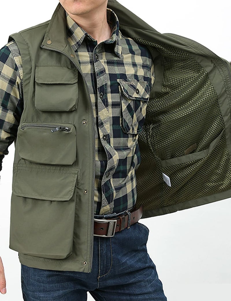Yimoon Men’s Utility Fishing Vest Summer Lightweight Safari Travel Cargo Vest Outdoor Work Vests Multi Pockets(ArmyGreen-L) - Image 3