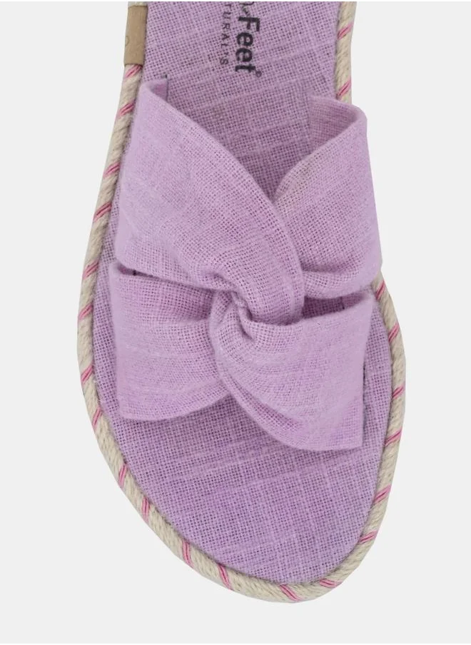 Fresh Feet Frayed Bow Detail Open Toe Flat Sandal by Styli