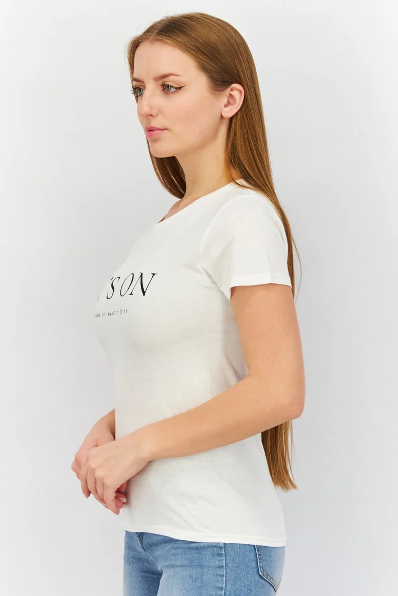 Muy Mucho Women Crew Neck Short Sleeve Graphic Print Top, White
