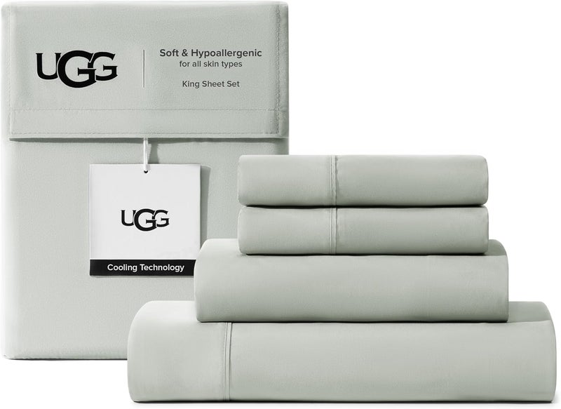 أوغ مجموعة أغطية سرير UGG Hedi King المكونة من 4 قطع، أغطية فاخرة ومريحة وخفيفة الوزن، مزودة بجيوب عميقة وأغطية وسادات، خالية من المواد المسببة للحساسية، قابلة للغسيل في الغسالة، مناسبة لغرف النوم والأسرّة الكبيرة، بلون أخضر معدني - Image 1