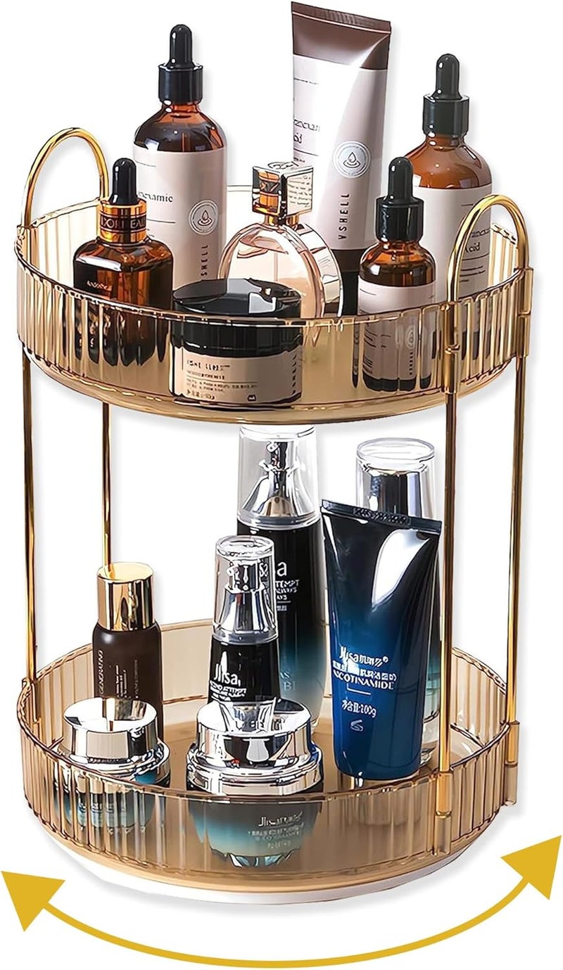 Asayuee 360 Rotating Gold Makeup Organizer,2 Tier Large Capacity Rotating Makeup Organizer,SkincarePerfume Organizer,Bathroom Cosmetics Storage Organizer Countertop (Gold-2 Tier) - Image 1
