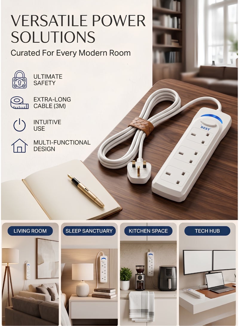 BEST 3 Meter Power Strip Extension | 3-Way Universal Plug Adapter with 3M Bold Cable | Multi-Socket Power Board | Heavy Duty Extension Cord for Home, Office, Kitchen & Travel (White) - Image 2