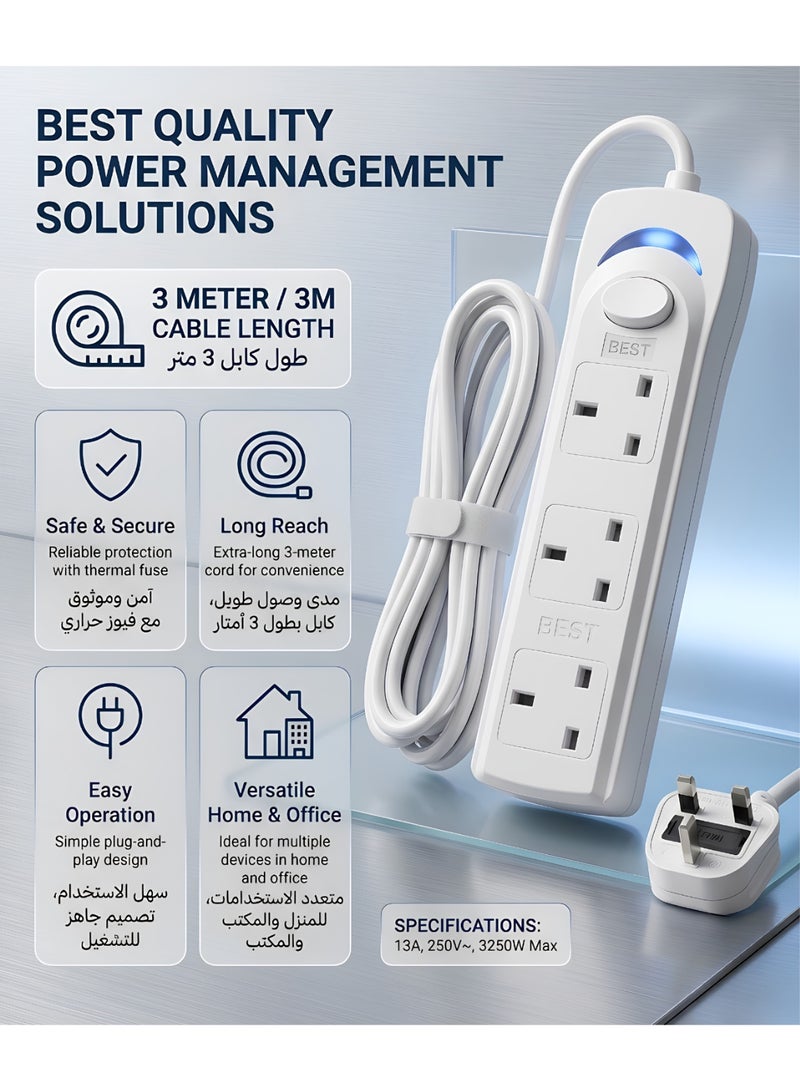 BEST 3 Meter Power Strip Extension | 3-Way Universal Plug Adapter with 3M Bold Cable | Multi-Socket Power Board | Heavy Duty Extension Cord for Home, Office, Kitchen & Travel (White) - Image 1