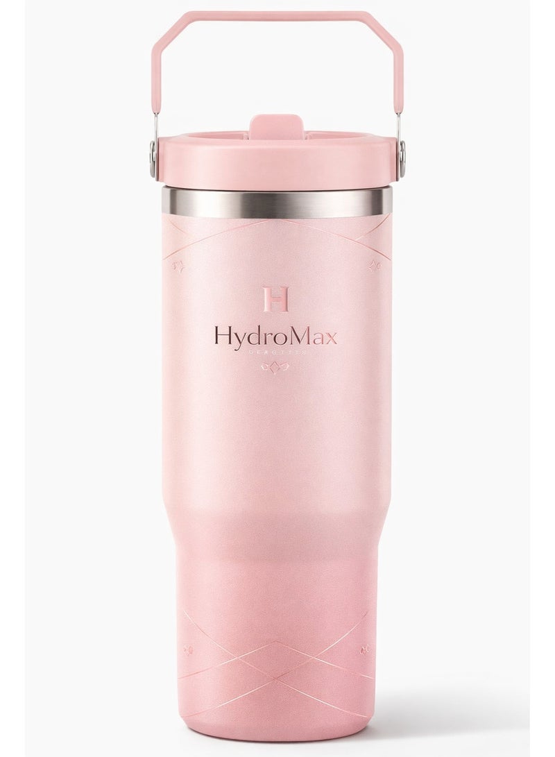 HydroMax 30oz Premium Stainless Steel Tumbler - Vacuum Insulated Water Bottle with Handle & Straw - Pink - Reusable Cup