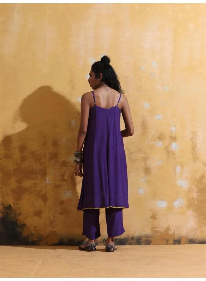 ترو برونز trueBrowns Purple Muslin Silk Flared Kurta Pant Set