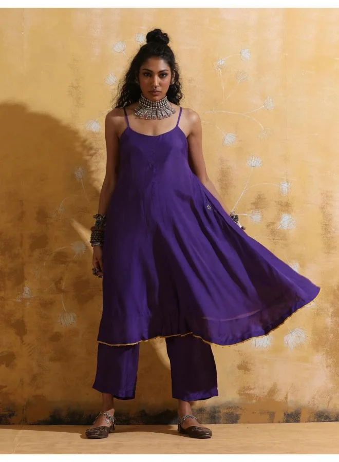 ترو برونز trueBrowns Purple Muslin Silk Flared Kurta Pant Set