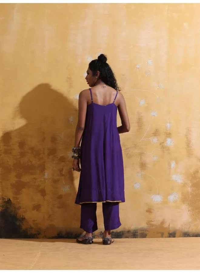 ترو برونز trueBrowns Purple Muslin Silk Flared Kurta Pant Set