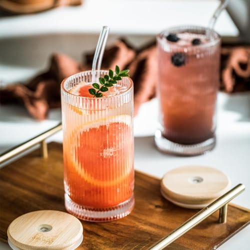 FINSTER Premium Glass Reusable Coffee Linning Tumbler with Bamboo Lid and Straw Pack of 2, 400ml, Transparent Multipurpose Drinking Glasses Travel Sipper for Juice Water Smoothies Cocktail Mugs - Image 2