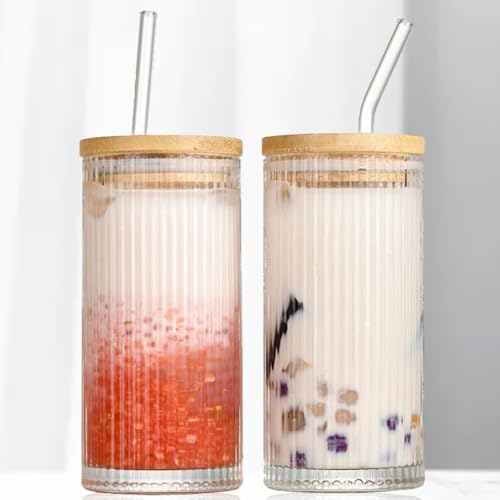 FINSTER Premium Glass Reusable Coffee Linning Tumbler with Bamboo Lid and Straw Pack of 2, 400ml, Transparent Multipurpose Drinking Glasses Travel Sipper for Juice Water Smoothies Cocktail Mugs - Image 1