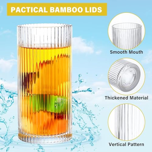 FINSTER Premium Glass Reusable Coffee Linning Tumbler with Bamboo Lid and Straw Pack of 2, 400ml, Transparent Multipurpose Drinking Glasses Travel Sipper for Juice Water Smoothies Cocktail Mugs - Image 5