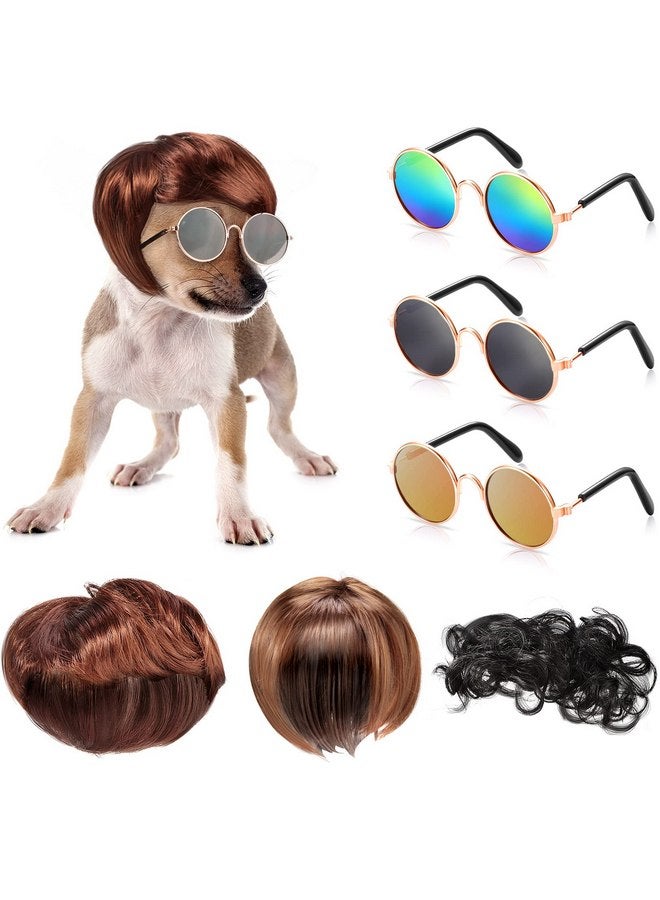 MTLEE 6 Pcs Funny Dog Wig Retro Pet Round Sunglasses Dog Cat Cosplay Wig Pet Costumes Accessories Small Dog Headwear for Holiday Party Decor - Image 1