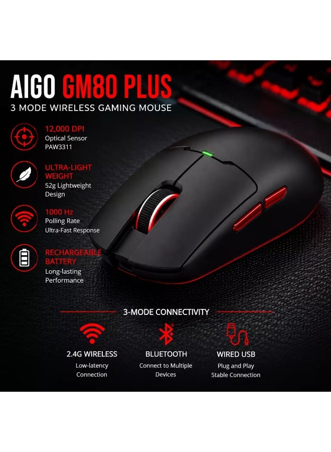 آيجو ماوس الألعاب GM80 Plus 3 أوضاع لاسلكية وبلوتوث وسلكية - مستشعر بصري 12000 نقطة في البوصة PAW3311 - خفيف الوزن 52 جيجابايت - معدل استطلاع 1000 هرتز - Image 5