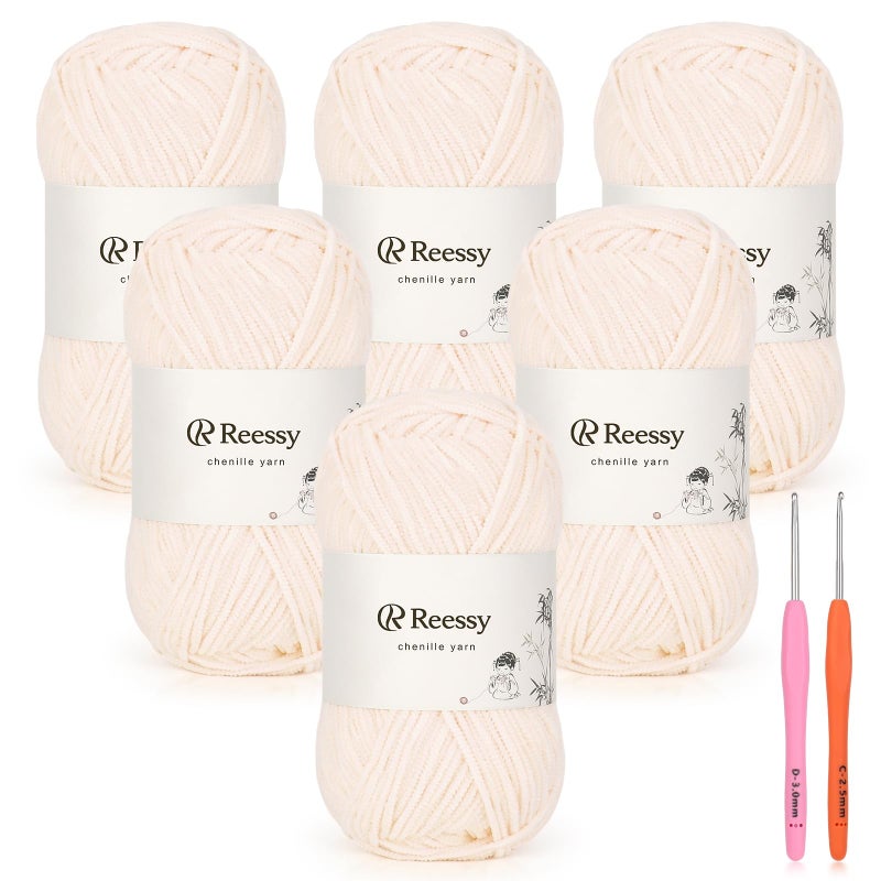 Reessy Skinny Chenille Yarn for Crocheting - 6 Pack of 50g/158yd (948yd Total) - Soft Matte Chenille - Fine Weight Baby Yarn for Plush Toys, Baby Blankets & Small Crochet Crafts(Blossom) - Image 1