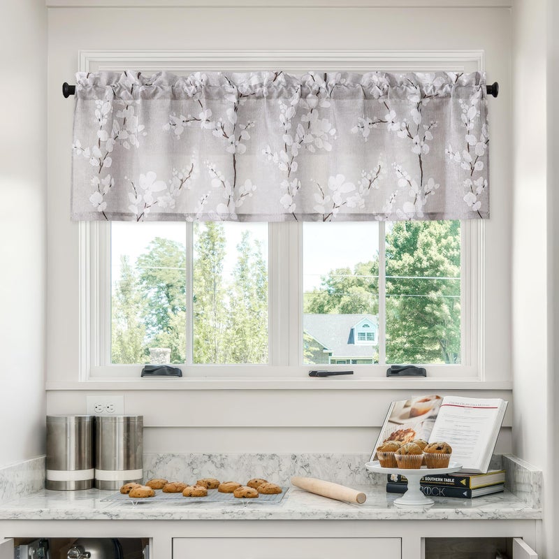 FMFUNCTEX Valance Curtains for Kitchen Window Living Room 15 White Blossom Print Short Valance for Bathroom Floral Window Treatment Set 54W Tan Rod Pocket 1 Panel