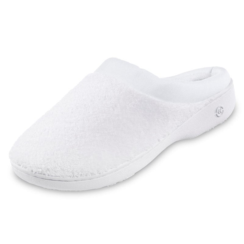 isotoner Womens IndoorOutdoor Slipon Terry and Satin Clog Slippers with Memory Foam Comfort White 859