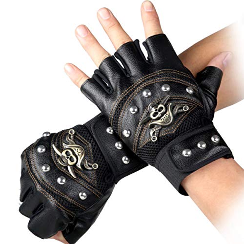 Halloluck Black Studded Gloves Steampunk Gothic Punk 80s Rocker Costume Rivet Motorcycle Car Driving Gloves Captain Fingerless Mittens - Image 3