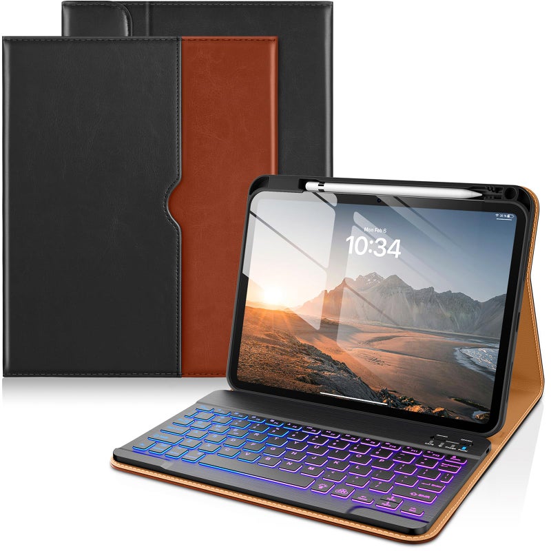 DTTO for iPad 11th A16 10th Generation Case with Keyboard 20252022 7 Colors Backlit Wireless Detachable Keyboard Leather Folio Cover with Pencil Holder Pocket Black Brown - Image 2