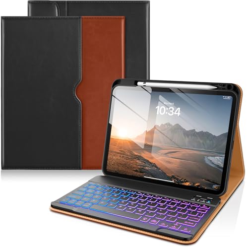 DTTO for iPad 11th A16 10th Generation Case with Keyboard 20252022 7 Colors Backlit Wireless Detachable Keyboard Leather Folio Cover with Pencil Holder Pocket Black Brown - Image 1