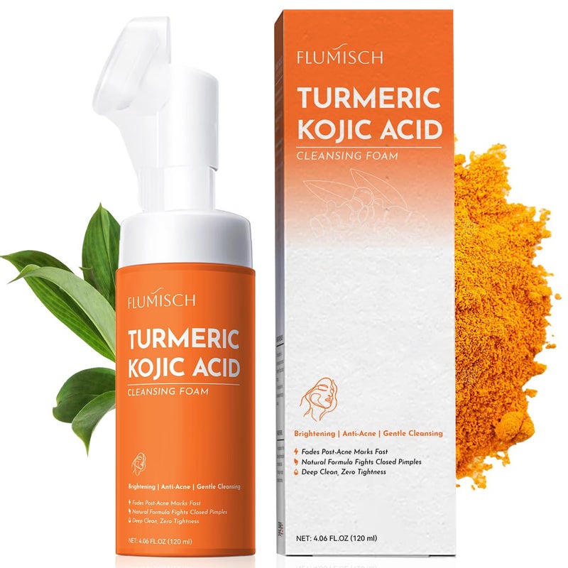FluMisch Turmeric Kojic Acid Facial Cleanser Brightening Foaming Face Wash with Soft Massage Heads Kojic Acid Cleanser Exfoliating Turmeric Cleansing for Dark Spots 423 oz
