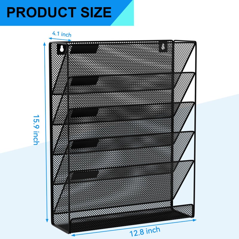 GDINDINFAN Wall File Organizer Holder Mesh Hanging Paper Document Holder,Vertical 6 Pocket Tier for Office Home, Black - Image 3