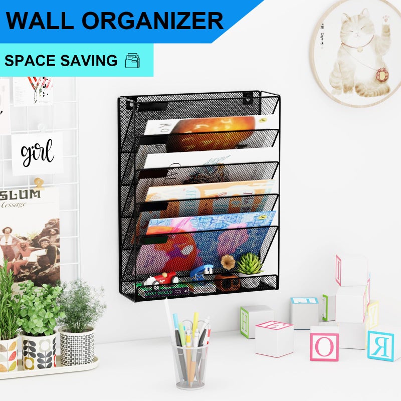 GDINDINFAN Wall File Organizer Holder Mesh Hanging Paper Document Holder,Vertical 6 Pocket Tier for Office Home, Black - Image 2