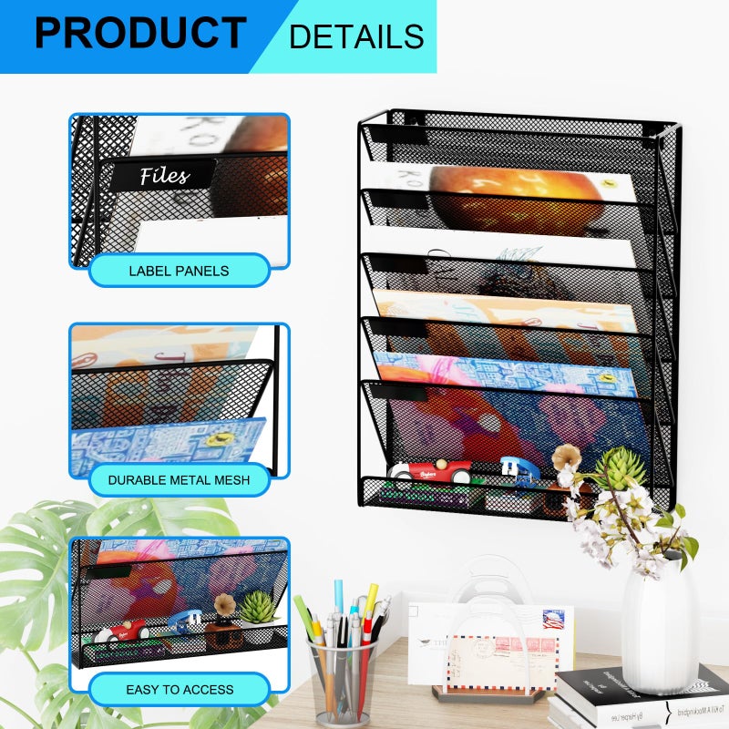 GDINDINFAN Wall File Organizer Holder Mesh Hanging Paper Document Holder,Vertical 6 Pocket Tier for Office Home, Black - Image 4