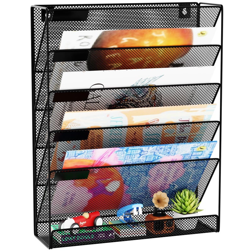 GDINDINFAN Wall File Organizer Holder Mesh Hanging Paper Document Holder,Vertical 6 Pocket Tier for Office Home, Black - Image 1