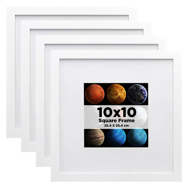 EGOFINE 10x10 Photo Frames White Set of 4 Made of Solid Wood with Acrylic Glass for Photos 6x6 with Mat or 10x10 without Mat Tabletop and Wall Mounting Display