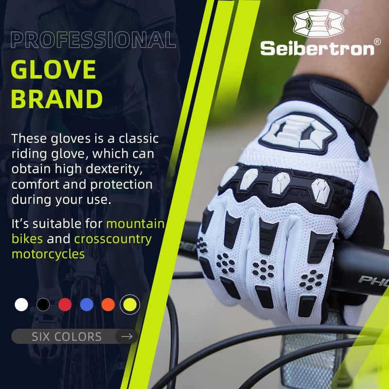 Seibertron Unisex BMX MX ATV MTB Racing Gloves - Full Finger Glove for Motocross and Mountain Biking with Touchscreen White L - Image 2