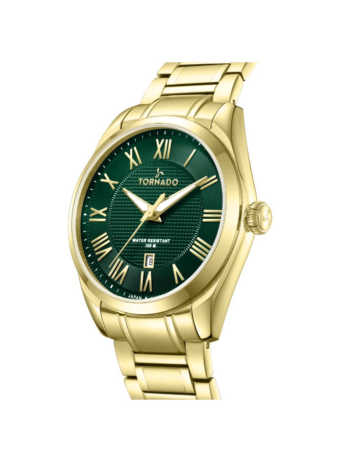 TORNADO - Men's Analog Display Watch With Gold Solid Stainless Steel, Brushed and Polished Bracelet Strap - T8007-GBGH - Image 1
