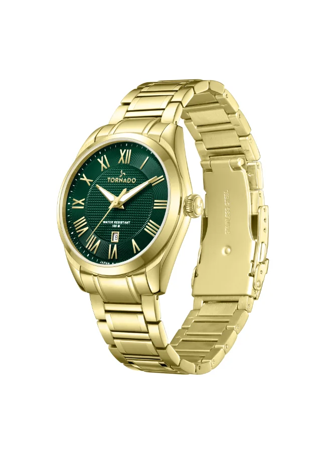 تورنيدو Men's Analog Display Watch With Gold Solid Stainless Steel, Brushed and Polished Bracelet Strap - T8007-GBGH