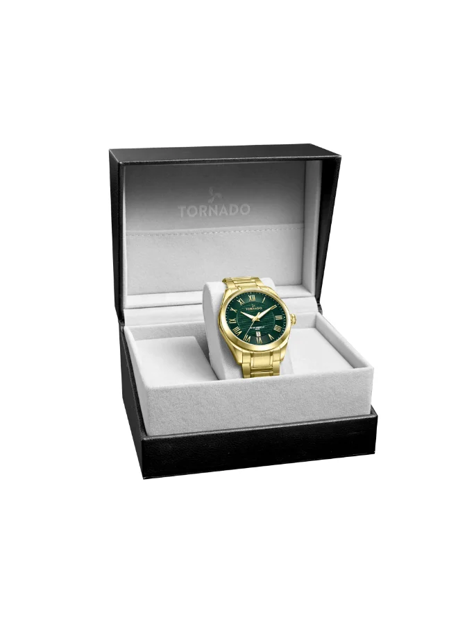 TORNADO Men's Analog Display Watch With Gold Solid Stainless Steel, Brushed and Polished Bracelet Strap - T8007-GBGH