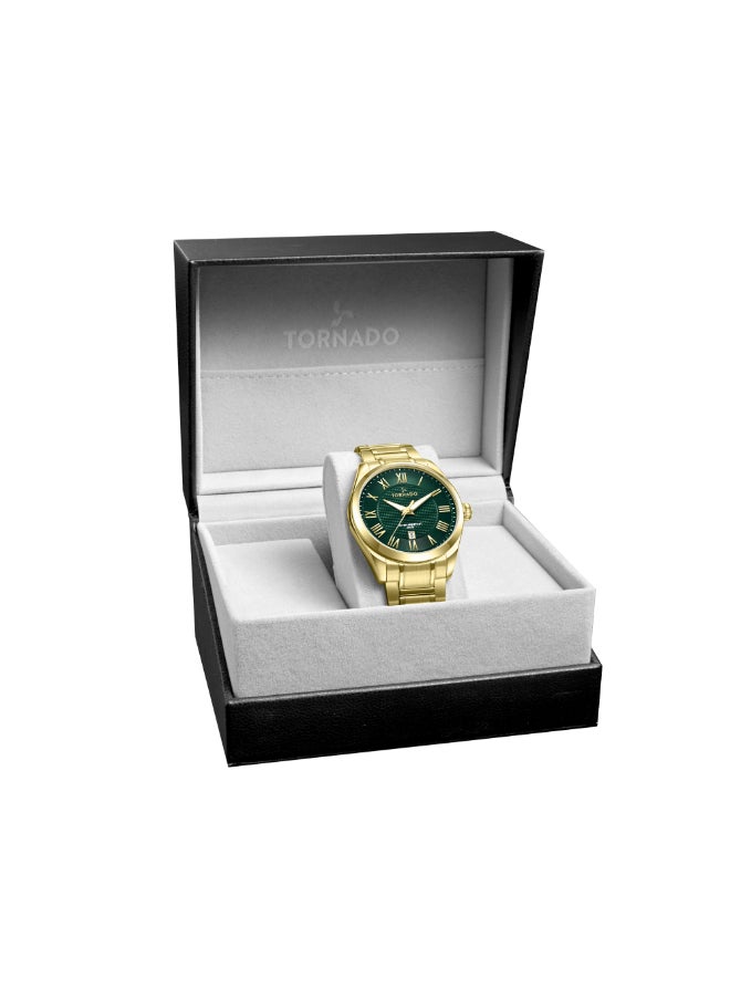 TORNADO - Men's Analog Display Watch With Gold Solid Stainless Steel, Brushed and Polished Bracelet Strap - T8007-GBGH - Image 1