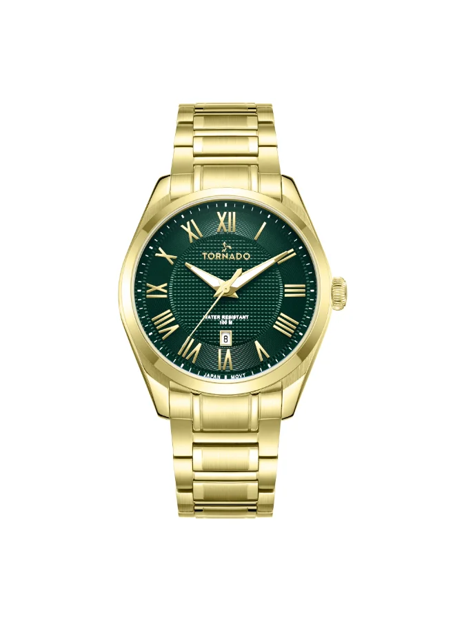تورنيدو Men's Analog Display Watch With Gold Solid Stainless Steel, Brushed and Polished Bracelet Strap - T8007-GBGH