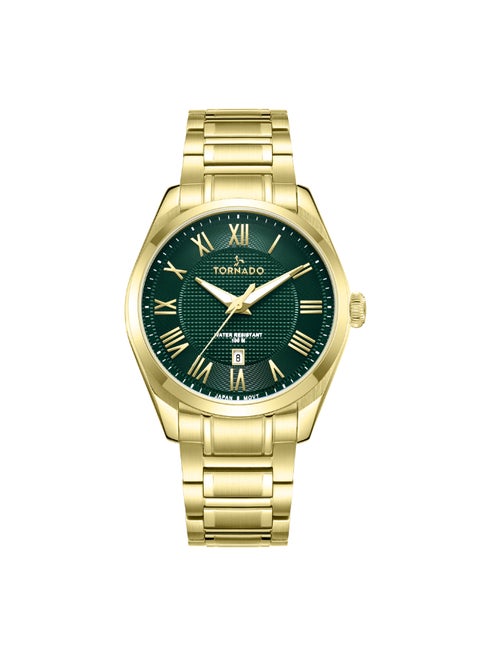 Men's Analog Display Watch With Gold Solid Stainless Steel, Brushed and Polished Bracelet Strap - T8007-GBGH
