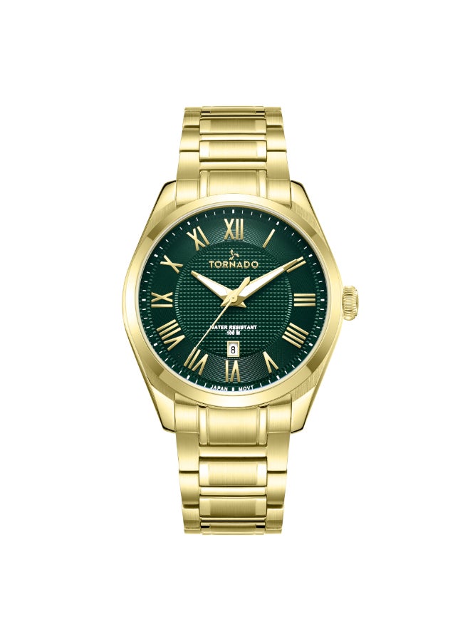TORNADO - Men's Analog Display Watch With Gold Solid Stainless Steel, Brushed and Polished Bracelet Strap - T8007-GBGH - Image 1