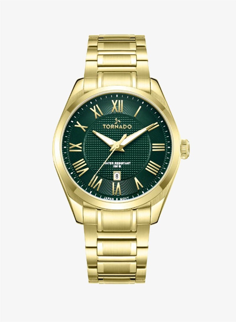 TORNADO Men's Analog Display Watch With Gold Solid Stainless Steel, Brushed and Polished Bracelet Strap - T8007-GBGH - Image 1