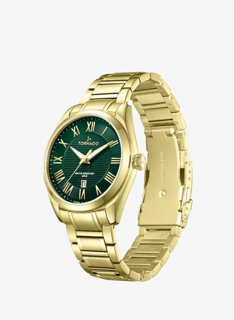 TORNADO Men's Analog Display Watch With Gold Solid Stainless Steel, Brushed and Polished Bracelet Strap - T8007-GBGH - Image 2