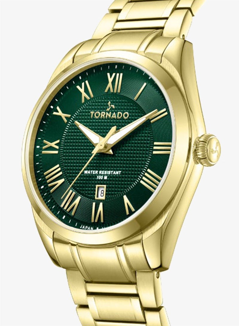 TORNADO Men's Analog Display Watch With Gold Solid Stainless Steel, Brushed and Polished Bracelet Strap - T8007-GBGH - Image 5