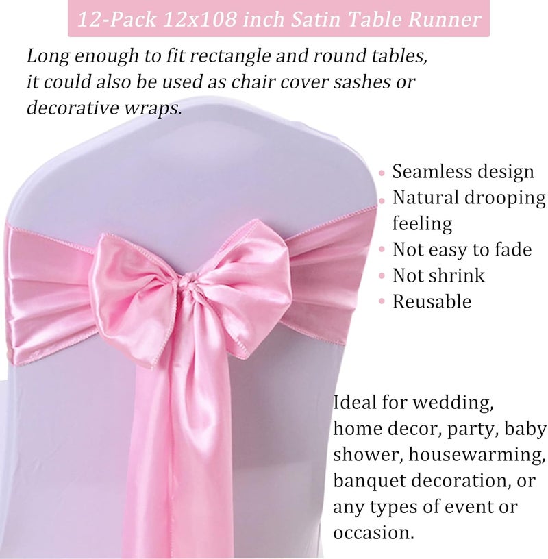 klarako 12 Pieces Satin Table Runner 12 x 108 Inch Long Wedding Table Runner Bright and Smooth Silk Fabric Table Runner for Wedding Banquet Reception Birthday Party Decoration (Light Pink, 12" x 108") - Image 5
