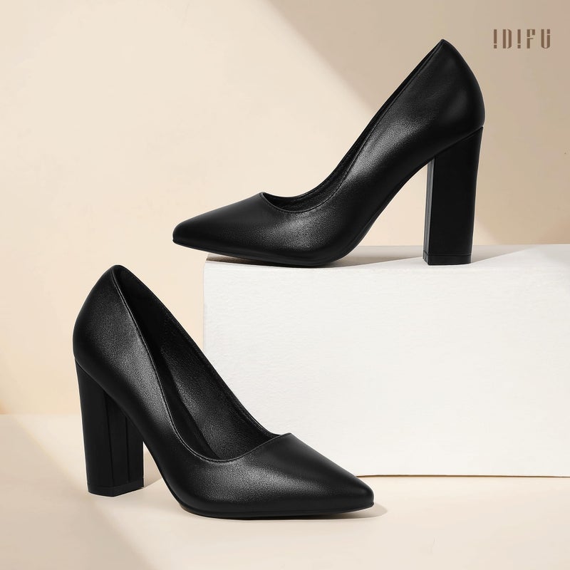 IDIFU Women's IN4 Chunky-HI Block High Heels Closed Pointed Toe Pumps Dress Office Shoes for Women (Black Pu R, Numeric_8) - Image 5