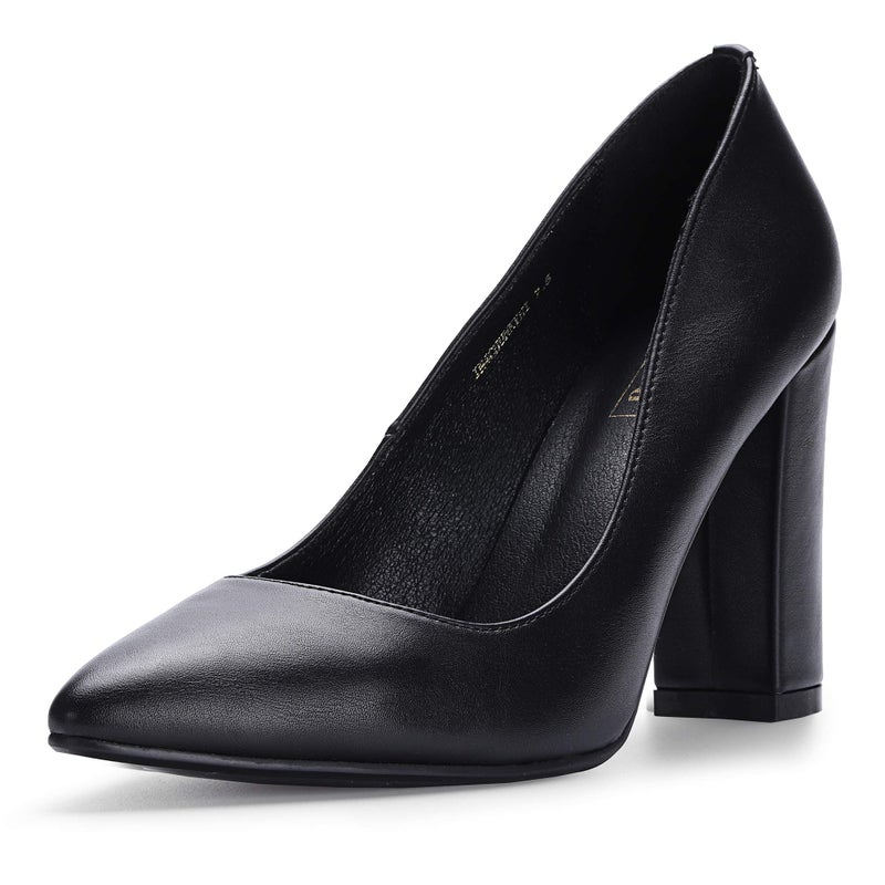 IDIFU Women's IN4 Chunky-HI Block High Heels Closed Pointed Toe Pumps Dress Office Shoes for Women (Black Pu R, Numeric_8) - Image 1